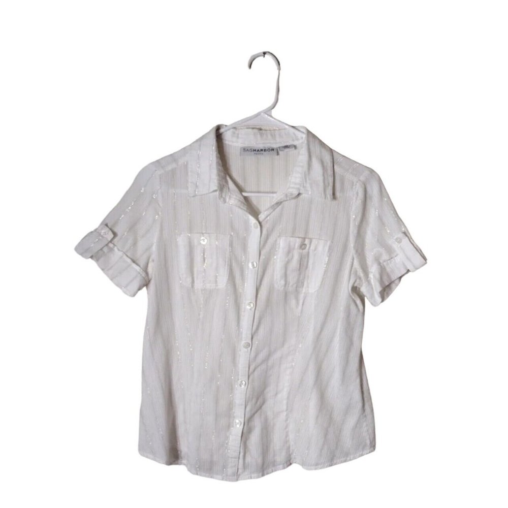 Sag Harbor Top Womens Petite Small Button Up Short Sleeve Glitter Stripes Retro